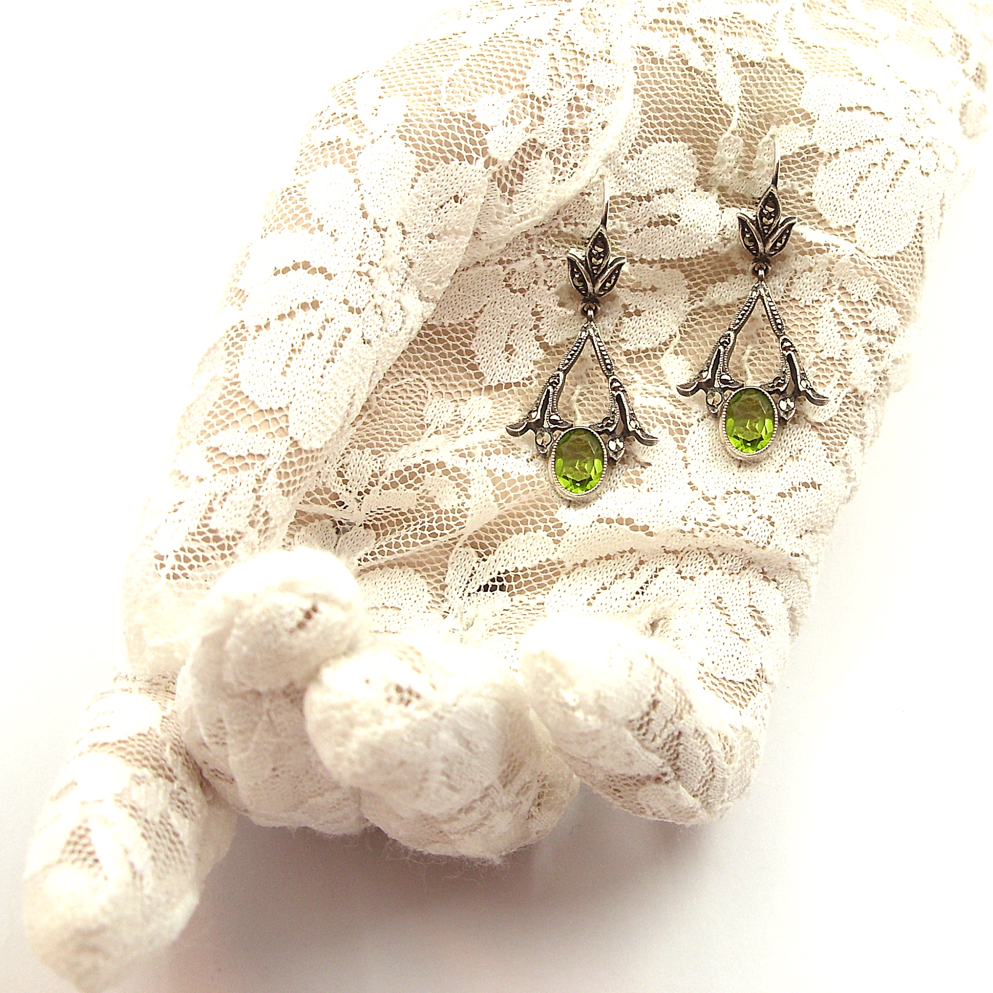 Pretty Vintage marcasite oval earrings with paste peridot